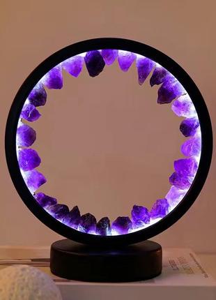 Нічник з натуральним каменем аметист, чорна лампа з трьома кольорами світіння, енергетичне коло з кристалів1 фото