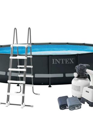 Каркасный бассейн intex 26330 ultra frame 549х132 см с песочным насосом, тентом, подстилкой и лестницей серый