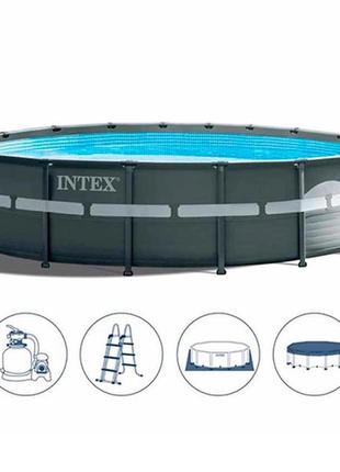 Каркасний басейн intex 26330 ultra frame 549х132 см з пісочним насосом, тентом, підстилкою і драбиною сірий2 фото