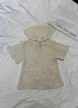 Дитяча біла вʼязана футболка поло з комірцем, дитяча кофта з коротким рукавом, розмір 2/3