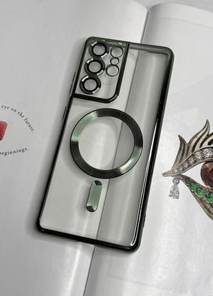 Чехол для samsung s21 ultra. зеленый глянцевый цвет, с защитой камеры