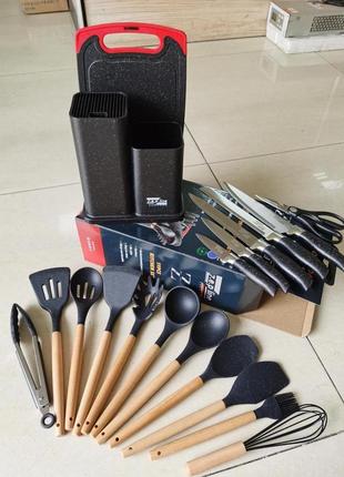Набір ножів + кухонне начиння із силікону (19 предметів) на підставці zepline zp -0672 фото