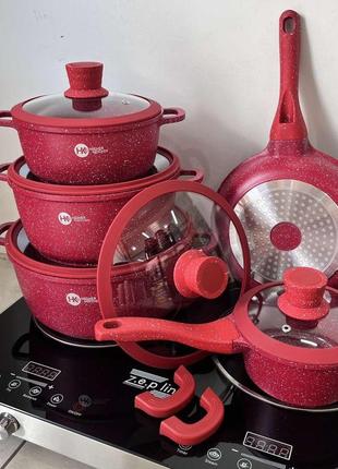 Набір каструль із гранітним антипригарним покриттям higher kitchen нк-316  з 12 предметів червоний2 фото