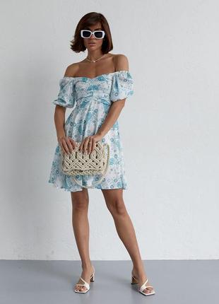 Летнее платье мини с драпировкой спереди - бирюзовый цвет, m (есть размеры)5 фото