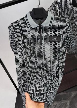 Чорно сіра футболка поло чоловіча з принтом в стилі balmain