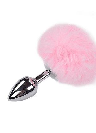 Металлическая маленькая анальная пробка с розовым хвостиком alive fluffly plug s pink 3см