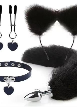 Игровой набор с меховыми ушками в черном цвете с чокером