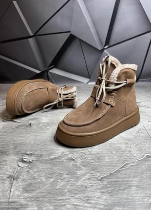 Жіночі бежеві зимові уггі на хутрі замшеві, натуральна замша, пісочні уггі-черевики на...