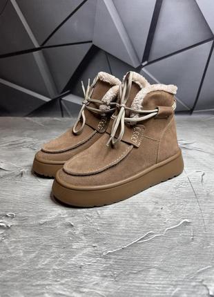 Жіночі бежеві зимові уггі на хутрі замшеві, натуральна замша, пісочні уггі-черевики на...
