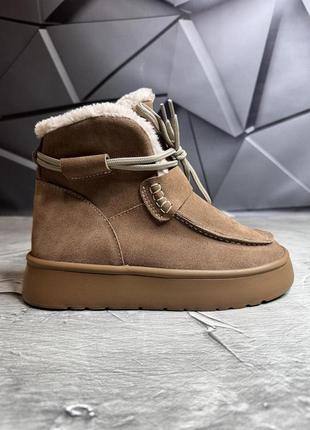 Жіночі бежеві зимові уггі на хутрі замшеві, натуральна замша, пісочні уггі-черевики на...