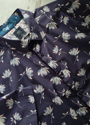 Брендовая синяя хлопковая цветочная мужская рубашка с коротким рукавом шведка в цветы xl next на лето