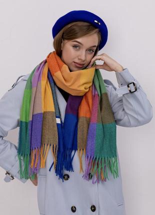 Кашемировый палантин шарф в клетку с бахромой pashmina сине-оранжевый