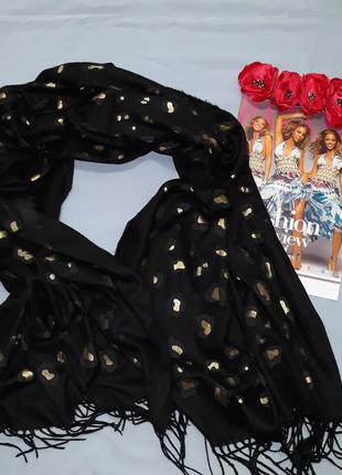 Шарф палантин шаль 80 см на 180 см накидка натуральная вискоза лана  шерсть черный золото 200гр