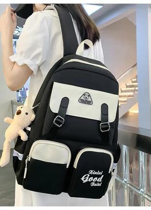 Стильный набор 5в1 jingpin для подростка. рюкзак, сумка, мини сумка, пенал, мешочек. черный.3 фото