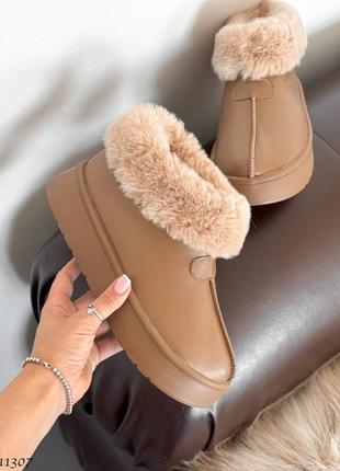 Коричневі моко кемел жіночі зимові угги уггі з хутром з натуральної шкіри шкіряні...