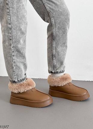 Коричневі моко кемел жіночі зимові угги уггі з хутром з натуральної шкіри шкіряні...