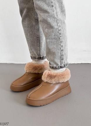 Коричневі моко кемел жіночі зимові угги уггі з хутром з натуральної шкіри шкіряні...