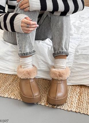 Коричневі моко кемел жіночі зимові угги уггі з хутром з натуральної шкіри шкіряні...