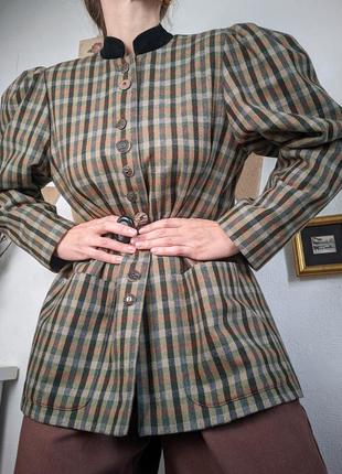 Жакет винтажный в клетку шерсть объемные рукава ворот стойка зелёный коричневый карманы ретро s m l очень зима пиджак