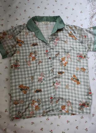 Вінтажна шовкова піжамна сорочка з ведмедями піжама ведмедики вінтаж ретро шовк 100% атлас кофта