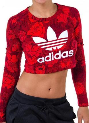 Adidas лонгслив укороченный, кроп топ с рукавом, укороченный топ, крупный лого