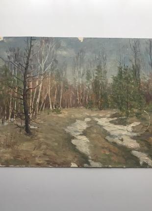 Картина маслом воробьев и д пейзаж 1950-1960е ссср картон масло лес весна №15.