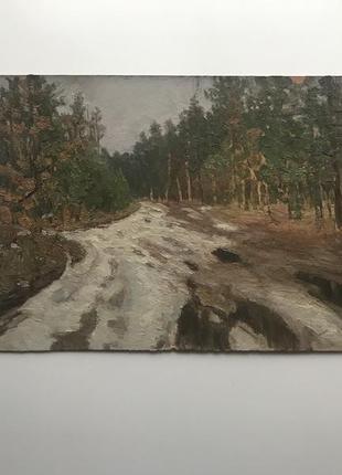Картина маслом воробьев и д пейзаж 1950-1960е ссср картон масло лес деревья №18