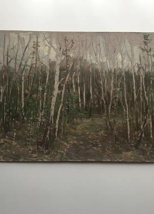 Картина маслом воробьев и д пейзаж 1950-1960е ссср картон масло лес деревья березы №26