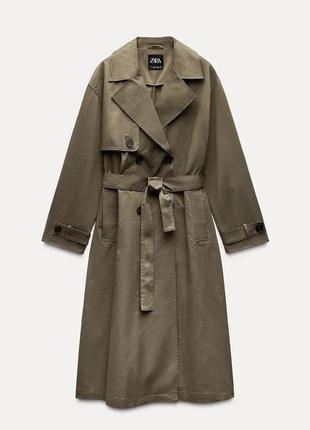 Двубортный тренч хаки цвета с пачкой zara new