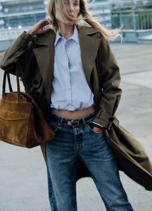 Двубортный тренч хаки цвета с пачкой zara new3 фото