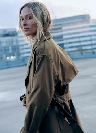 Двубортный тренч хаки цвета с пачкой zara new4 фото