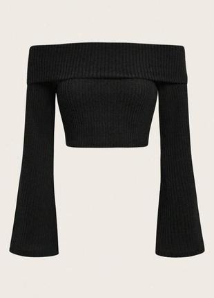 Кроп топ из ангоры трикотажный с рукавами клеш с открытыми плечами кофта белый черный серый в рубчик трендовый стильный