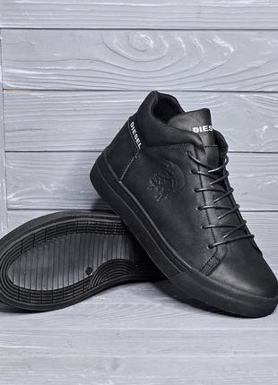40-48рр!!! зимние кожаные черные кроссовки / ботинки на меху в стиле diesel pirate black!!!