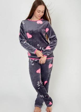 Тепла жіноча махрова піжама велсофт, домашній теплий зимовий комплект плюшевий4 фото