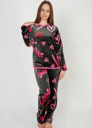 Тепла жіноча махрова піжама велсофт, домашній теплий зимовий комплект плюшевий8 фото