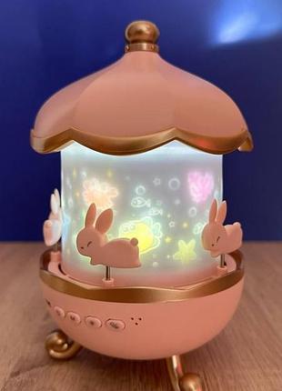 Детский ночник проектор, карусель с зайками, звуки, 12 слайдов, подарочная упаковка,...