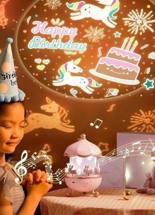 Детский ночник проектор, карусель с зайками, звуки, 12 слайдов, подарочная упаковка,...