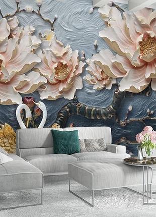 3d фотообои "цветы и лебеди"