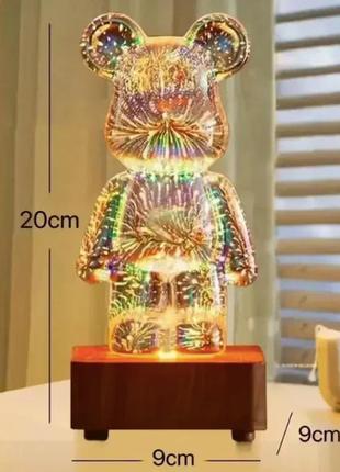 Светодиодный rgb ночник светильник 3d медведь с фейерверком bearbrick 20см, серебристый