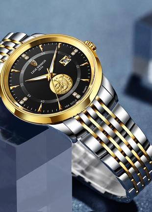 Часы наручные мужские водонепроницаемые lige design кварцевые  цвет серебристый золотистый2 фото