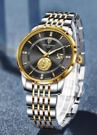 Часы наручные мужские водонепроницаемые lige design кварцевые  цвет серебристый золотистый1 фото
