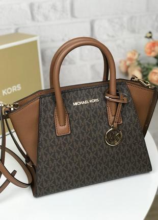 Сумка женская michael kors оригинал avril small logo top-zip satchel коричневая в лого2 фото