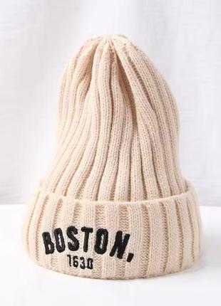 Теплая шапка бостон бини boston бежевая 6 месяцев - 3 года