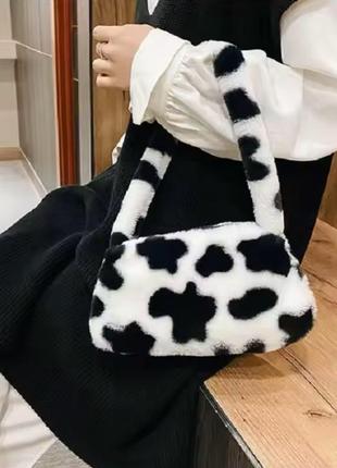Женская мини сумка хобо меховая "принт" плюшевая через плече корова,​ wuke