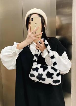 Женская мини сумка хобо меховая "принт" плюшевая через плече корова,​ wuke