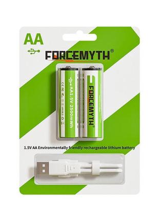 Акумулятор з usb type-c зарядкою forcemyth li-ion aa 1.5v 2500 mаh 2 шт/комплект