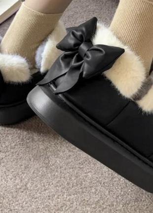 Коричневі уги жіночі з хутром, автоледі утеплені з бантиком, короткі дутики...