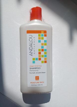 Andalou naturals, шампунь, глубокое увлажнение для гладкости и блеска аргановое масло и ши 340 мл
