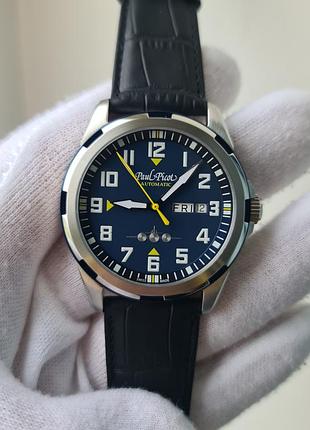 Чоловічий годинник paul picot pilot 42mm blue day-date automatic 42mm 100m swiss новий
