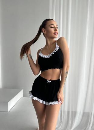 Пижама 😍 в рубчик трикотажный мустанг / пижама женская с рюшечками / пижама стильная ткань отлично тянется / есть обмен / черная с белым женская